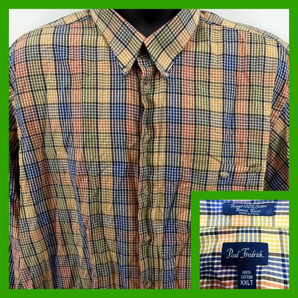Paul Fredrick Shirt Men XXLT Tall 100% Cotton Button Down Plaid Multi Color